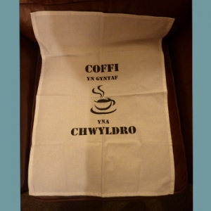 First Coffee Then Revolution in Welsh - Tea Towel